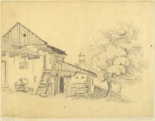 Gebäude mit Schuppenanbau mit großem Schornstein (Backofen?) neben einem Baum in Kleinschönberg im Wilsdruffer Land westlich von Dresden