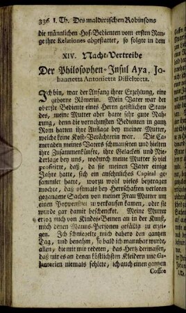 XIV. Nacht-Vertreibe. Der Philosophen-Insul Aya Johannetta Antonietta Diffeltotta.
