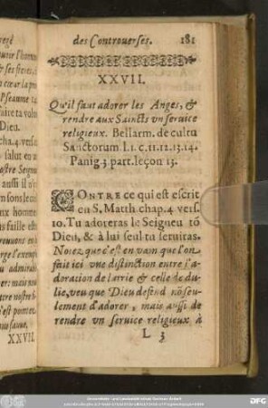 XXVII. Qu'il faut adorer les Anges, & rendre aux Saincts un service religieux. ...