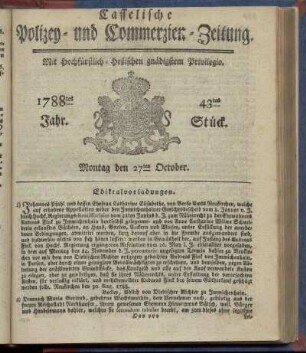 43tes Stueck, Montag den 27ten October. 1788