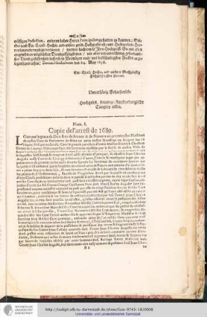 Num. I. Copie del'arrest de 1689