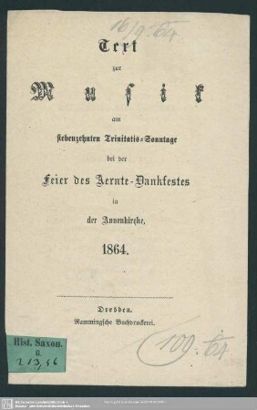 Text zur Musik am siebenzehnten Trinitatis-Sonntage bei der Feier des Aernte-Dankfestes in der Annenkirche