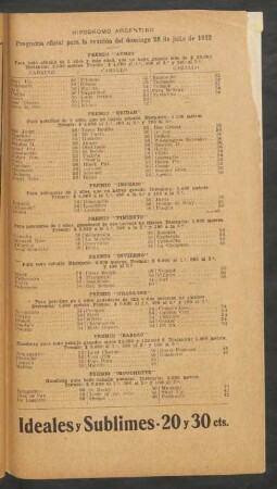 Hipódromo Argentino - Programa oficial para la reunión del domingo 28 de julio de 1912