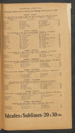 Hipódromo Argentino - Programa oficial para la reunión del domingo 28 de julio de 1912