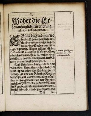 I. Woher die Lehen anfenglich jren ursprung erlanget und bekommen.