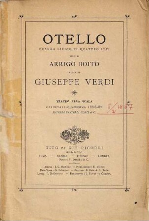 Otello : dramma lirico in quattro atti ; Teatro alla Scala, carnevale quaresima 1886- 87