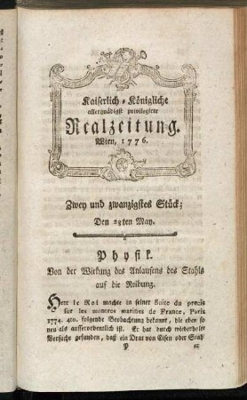 Zwey und zwanzigstes Stück; Den 28ten May. Wien, 1776.