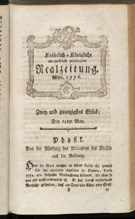 Zwey und zwanzigstes Stück; Den 28ten May. Wien, 1776.