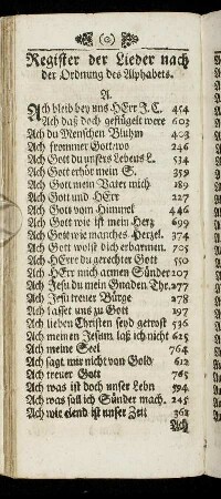 Register der Lieder nach der Ordnung des Alphabets.