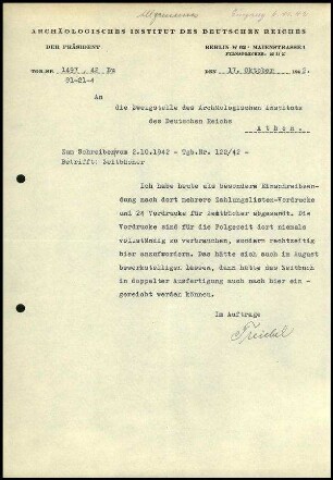 Brief; AIDR an DAI Athen (Zeitbücher)