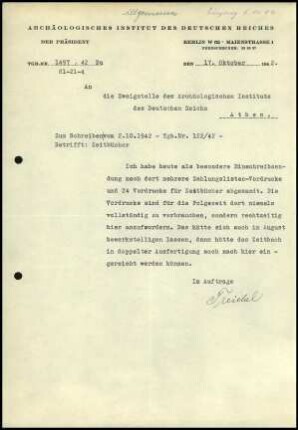 Brief; AIDR an DAI Athen (Zeitbücher)