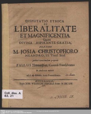 Disputatio ethica de liberalitate et magnificentia