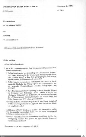 Anfrage der Grünen zur Aktionsfront Nationaler Sozialisten