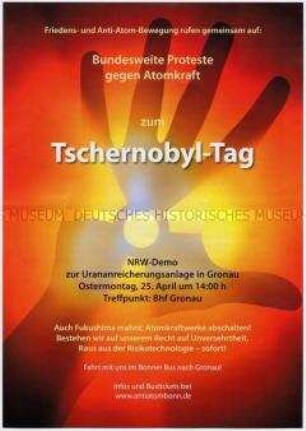 Propagandaflugblatt mit dem Aufruf zur einer Demonstration zum Gedenken an den 25. Jahrestag der Reaktor-Katastrophe von Tschernobyl