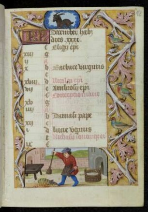Kalendar: Dezember; Monatsbild: Tätigkeit eines Schlachters; Tierkreiszeichen: Steinbock; Trompe l'oeil-Rahmen mit Rankenästen und Vögeln