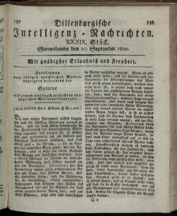 XXXIX. Stück. Sonnabends den 27. September 1800.