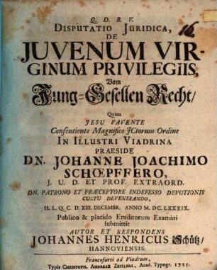 Disputatio Juridica, De Juvenum Virginum Privilegiis, Vom Jung-Gesellen-Recht