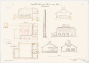 Irrenklinik der Christian-Albrechts-Universität Kiel Kesselhaus: Grundriss KG, EG, Längsasnsicht und Querschnitt, Vorderansicht, Ostansicht, Westansicht 1:100