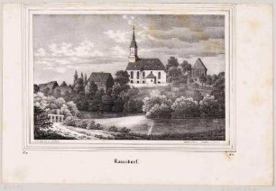 Ortsansicht von Naundorf (Bobritzsch-Hilbersdorf) mit der Kirche und dem Bach Bobritzsch, aus Sachsens Kirchen-Galerie von Hermann Schmidt, 1838, Bd. 2