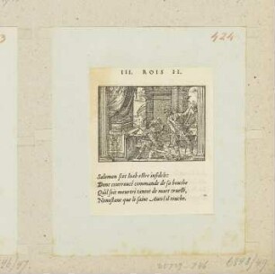 Salomo lässt Joab von Benaja töten, aus: Claude Paradin, "Quadrins historiques de la Bible", Lyon 1558