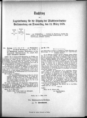 Anlage: Nachtrag zur Tagesordnung, 13. März 1879