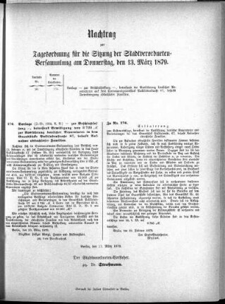 Anlage: Nachtrag zur Tagesordnung, 13. März 1879