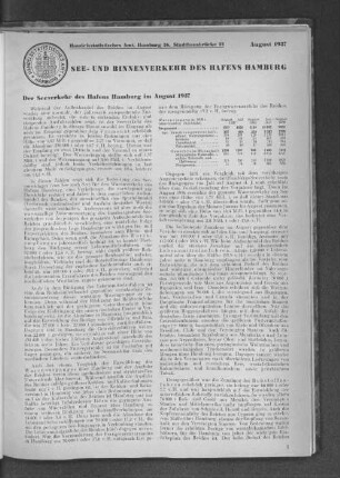 Handelsstatistisches Amt: See- und Binnenverkehr des Hafens Hamburg, August 1937