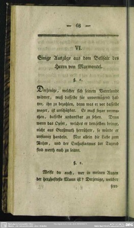 VI. Einige Auszüge aus dem Belisair des Herrn von Marmontel