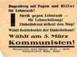 Klebezettel der KPD zur Reichstagswahl 1933