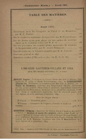 Table des matières. Avril 1894.