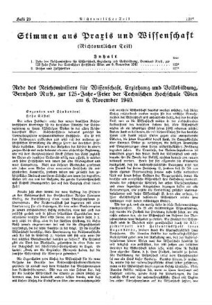Rede des Reichsministers für Wissenschaft, Erziehung und Volksbildung, Bernhard Rust, zur 125- Jahr-Feier der Technischen Hochschule Wien am 6. November 1940 : [Stimmen aus Praxis und Wissenschaft] ; [Nichtamtlicher Teil]