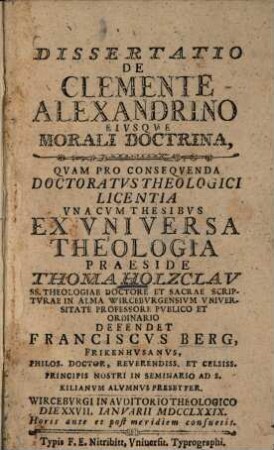 Dissertatio De Clemente Alexandrino Eivsque Morali Doctrina
