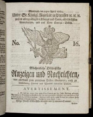 No. 16. Montags, den 19ten April 1762.