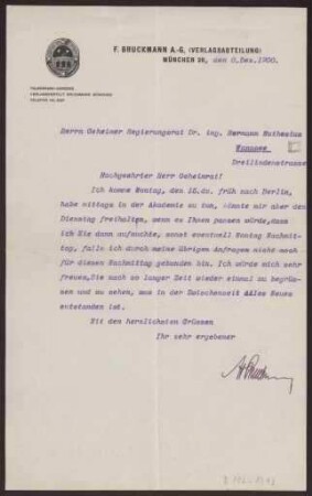 Schreiben an Hermann Muthesius (Brief)