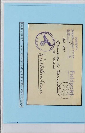 Dienstbrief, Schiffsname/Landeinheit: 34. Minensuchflottille Kommando, Feldpostnr. 01142; Frankatur, Mi.-Nr.: [Keine]; Poststempel: pp 13.4.42.-12; Nebenstempel: Feldpost-Nr. 01142