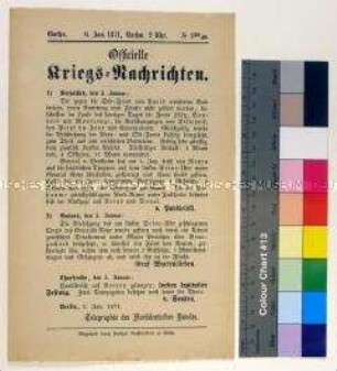 Kriegsdepesche des Norddeutschen Bundes über die Kriegsereignisse vom 5.1.1871 vor Paris, bei Rouen und am Seineufer bei Bourg-Achard