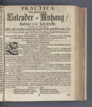 Practica Oder Gewöhnlicher Calender-Anhang/ Auff das 1706. Jahr Christi/
