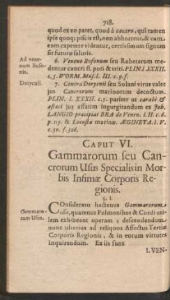 Caput VI. Gammarorum seu Cancrorum Usus Specialis in Morbis Infimae Corporis Regionis.