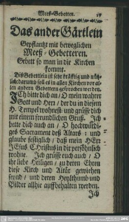 Das ander Gärtlein Gepflantzt mit beweglichen Meeß-Gebetteren