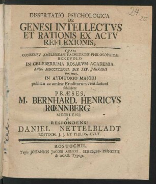 Dissertatio Psychologica De Genesi Intellectvs Et Rationis Ex Actv Reflexionis