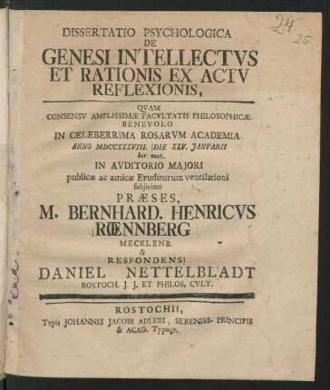 Dissertatio Psychologica De Genesi Intellectvs Et Rationis Ex Actv Reflexionis