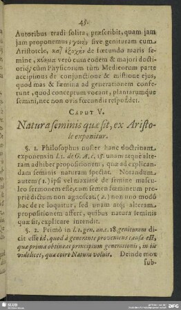 Caput V. Natura seminis quae sit, ex Aristole exponitur