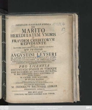 Dissertatio Inavgvralis Ivridica De Marito Hereditatem Vxoris In Fravdem Creditorvm Repvdiante