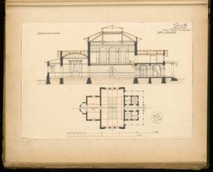 Turnhalle Monatskonkurrenz April 1876: Grundriss, Längsschnitt; 2 Maßstabsleisten