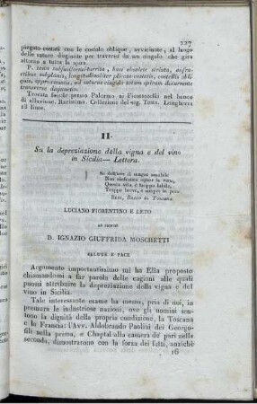 II. Su la depreziazione della vigna e del vino in Sicilia - Lettera.