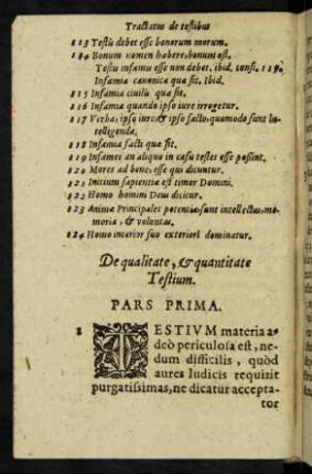 De qualitate, et quantitate Testium. Pars Prima.