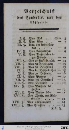 Verzeichniß des Innhalts, und der Abschnitte.