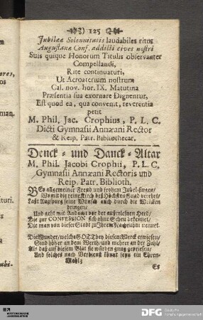 Denck- und Danck-Altar M. Phil. Jacobi Crophii, P. L. C. Gymnasii Annæani Rectoris und Reip. Patr. Biblioth.