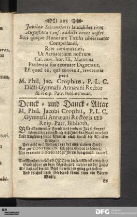 Denck- und Danck-Altar M. Phil. Jacobi Crophii, P. L. C. Gymnasii Annæani Rectoris und Reip. Patr. Biblioth.