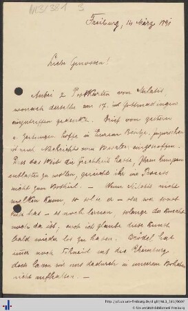 Brief vom 14. März 1891